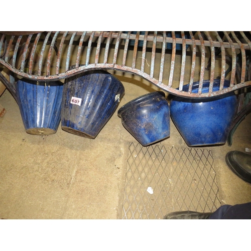 607 - 4 blue glazed flower pots