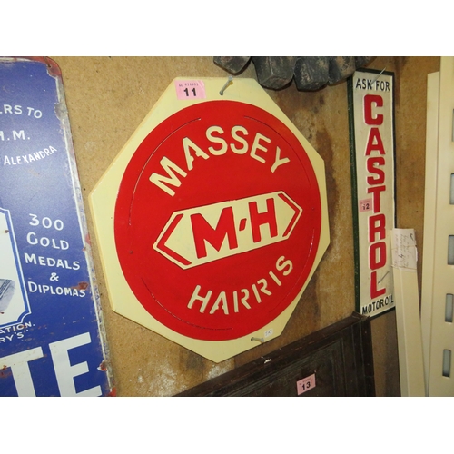 11 - Metal Massey Harris circular  sign on plaque 17.5