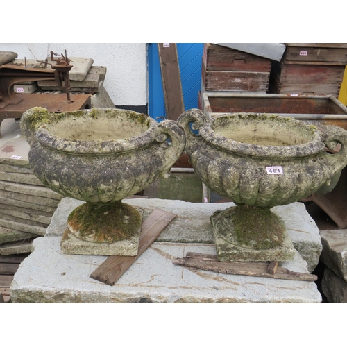 461 - Pair weathered stoneware 2 handled urns on plinths