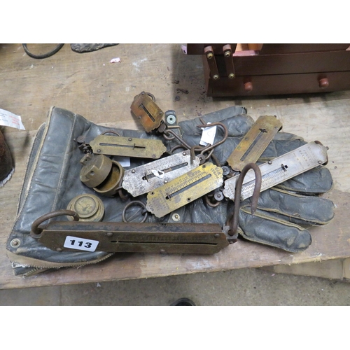 113 - Pair leather gloves & 6 balance scales