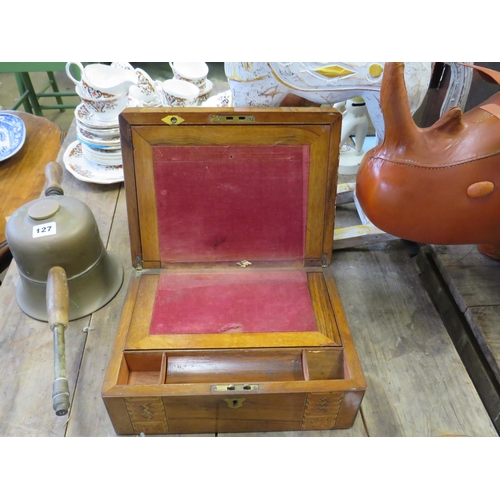 123 - Walnut & marquetry inlaid work box with fully fitted interior