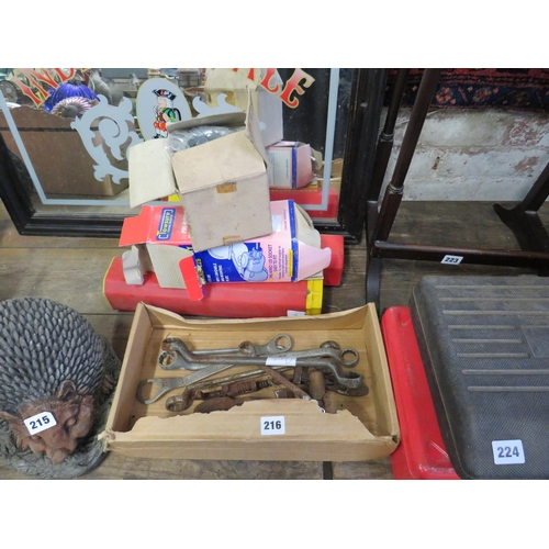 216 - Box tools,chuck guard,2 empty weld rod cases pre wired socket