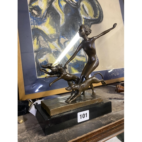 101 - Bronze deco lady with hounds, Lorenz signature to base