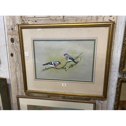 15 - Pair of watercolours, bullfinches signed Rex Flood 13