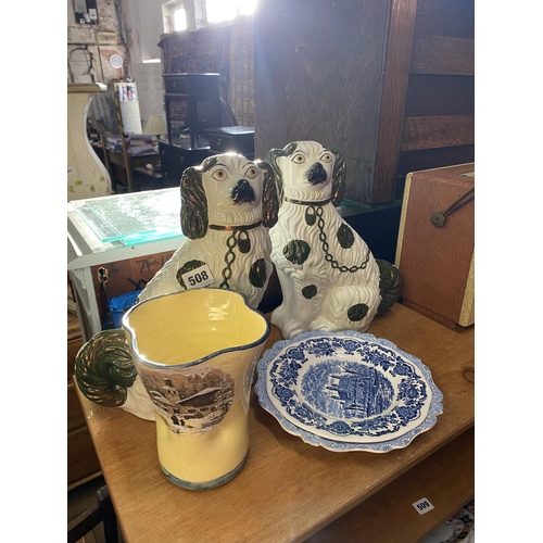 508 - Pair of staffordshire dogs, two plates and a vase