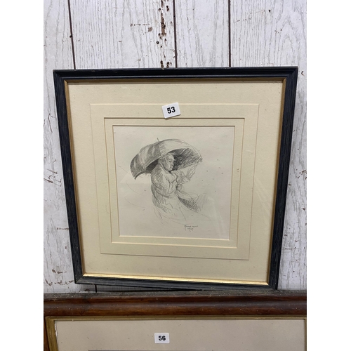 53 - Pencil drawing of a man with umbrella by Kemp 1987