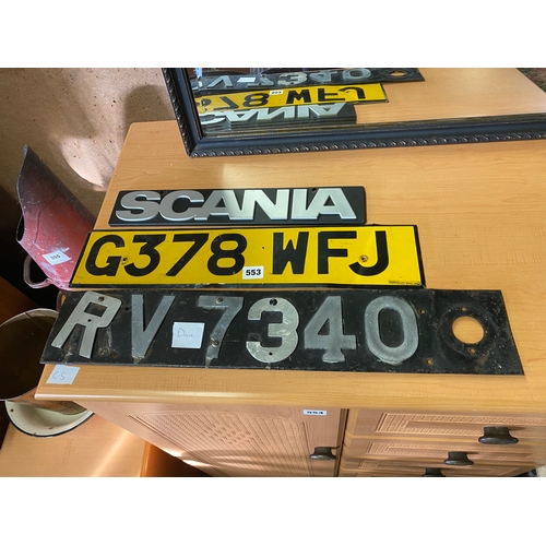 553 - Vintage number plates and Scania plaque