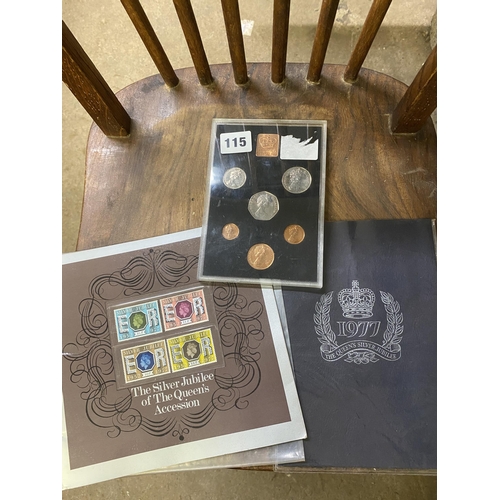 115 - Set of 6 1977 QE II coins and 1977 Jubilee booklet with four stamps