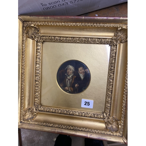 25 - Framed circular oil painting of two men drinking, 10cm diameter. Some indistinguishable writing to r... 