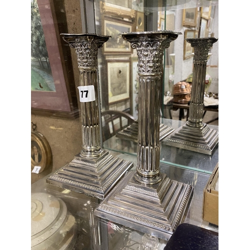 77 - Pair of silver corinthian column candlesticks stamped DME, 1916 Sheffield hallmark. Height 8.5