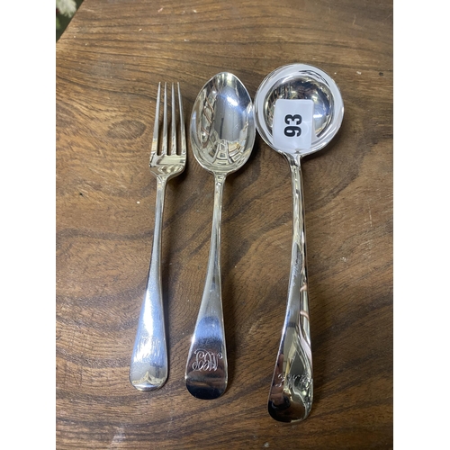 93 - Silver dining fork, silver desert spoon and silver ladle