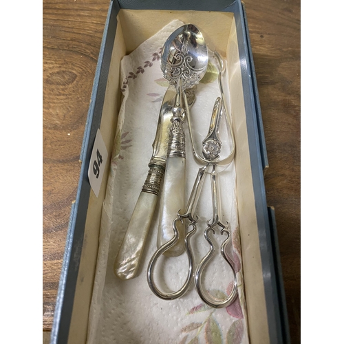 94 - Silver and mother of pearl jam spoon, plated mother of pearl butter knife and plated grape scissors