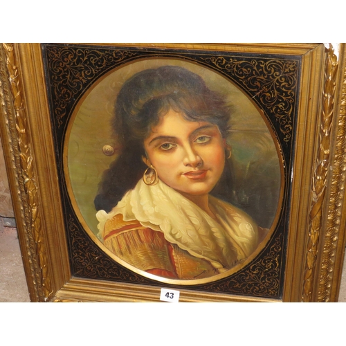 43 - Circular oil on board in ornate frame Female portrait 17