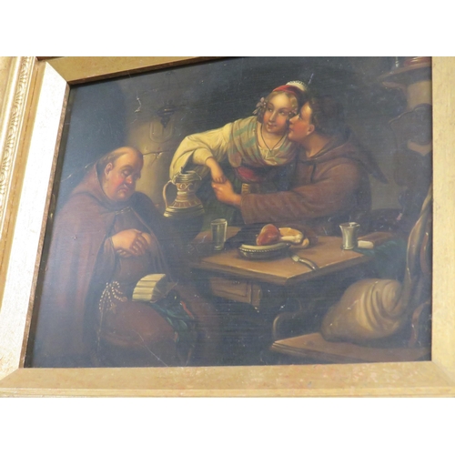 48 - Oil on tin couple & a monk in pub interior,old label to reverse 6