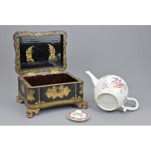 16 - A chinese 19th century lacquer tea caddy. together with 18th century famille rose tea pot. tea caddy... 