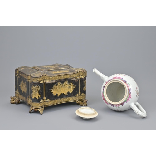 16 - A chinese 19th century lacquer tea caddy. together with 18th century famille rose tea pot. tea caddy... 