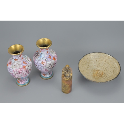 30 - A pair of chinese cloisonne vases. together with pottery bowl and soap stone seal. vases height appr... 