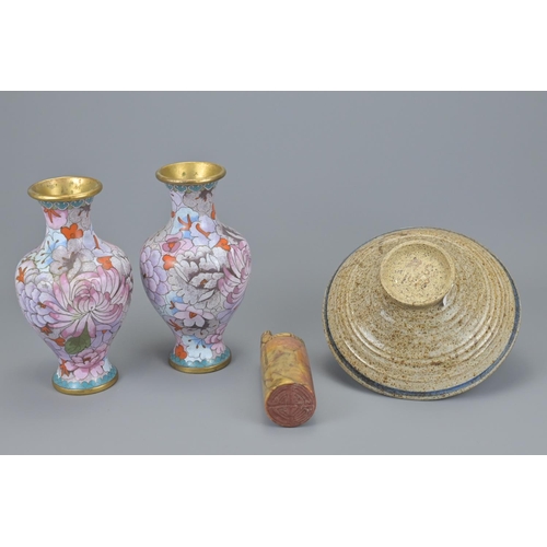 30 - A pair of chinese cloisonne vases. together with pottery bowl and soap stone seal. vases height appr... 