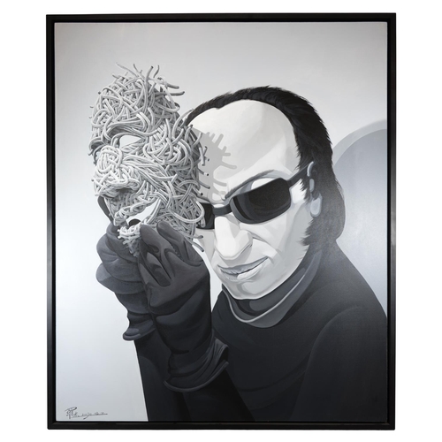 325 - Luo jie (b. 1968), imprisoned - mask, acrylic on canvas, 180 x 150 cm (190 x 160 cm framed), 2008. 
... 