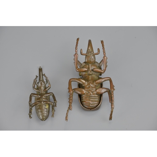 329 - Two japanese late meiji period bronze beetles. larger with opening box cover. each signed underneath... 