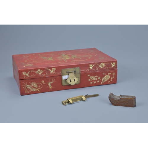 50 - Chinese red lacquer box with gilt painting and brass lock together with wooden box and cover in shoe... 