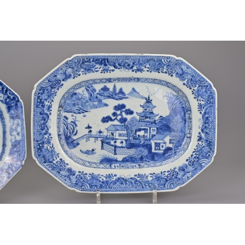 55 - Two 18th century chinese blue and white porcelain platters. larger width approx. 33cm (2)