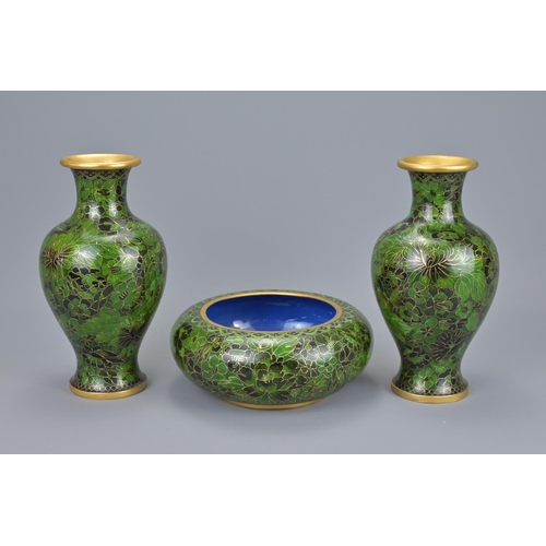 56 - Pair of chinese cloisonne vases together with a matching cloisonne bowl. vase height approx. 21cm