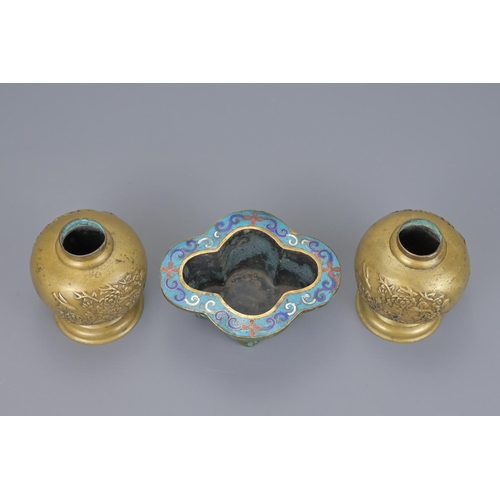 60 - Pair of asian brass lamp bases. together with a cloisonne example - diameter approx. 13cm (3)