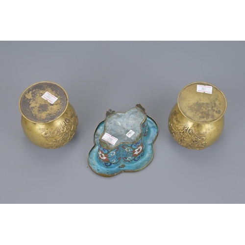 60 - Pair of asian brass lamp bases. together with a cloisonne example - diameter approx. 13cm (3)