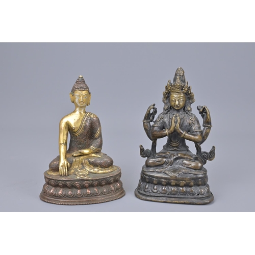 62 - Two asian bronze seated buddhas one with gilt detail. tallest height approx. 18cm (2)