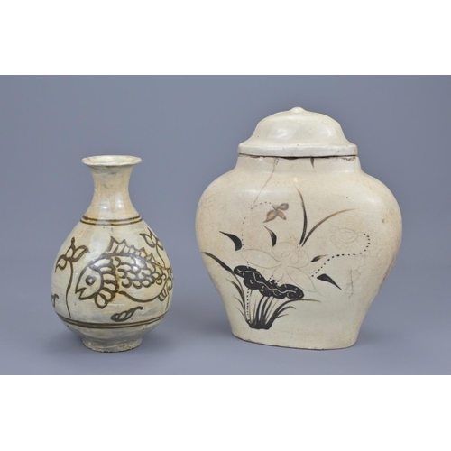 64 - A chinese cizhou ware jar and cover together with korean pottery vase decorated with fish. pot heigh... 