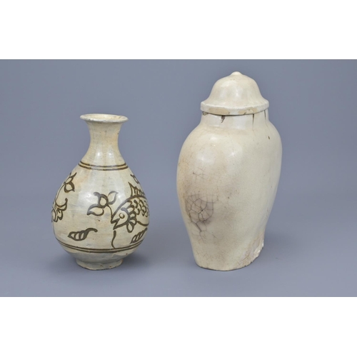 64 - A chinese cizhou ware jar and cover together with korean pottery vase decorated with fish. pot heigh... 