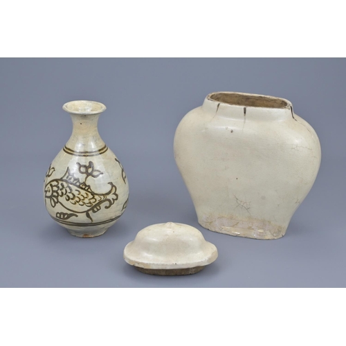 64 - A chinese cizhou ware jar and cover together with korean pottery vase decorated with fish. pot heigh... 