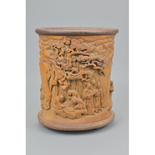 65 - Chinese carved bamboo brush pot. height approx. 17.5cm