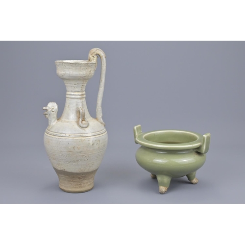 67 - A chinese white glazed chicken head ewer and a celadon tripod censer. ewer height approx. 25cm (2)