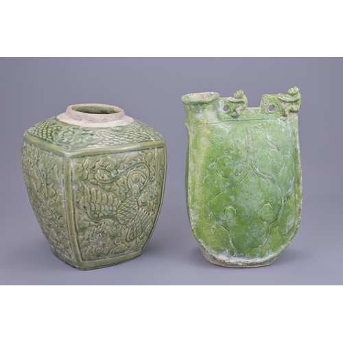 69 - A chinese green glazed vase and pilgrim flask. flask height approx. 28cm (2)