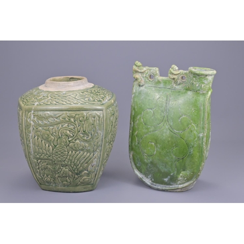 69 - A chinese green glazed vase and pilgrim flask. flask height approx. 28cm (2)