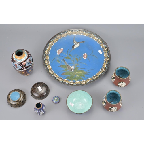 72 - A japanese cloisonne dish together with six other cloisonne items. dish diameter approx. 30cm (7)