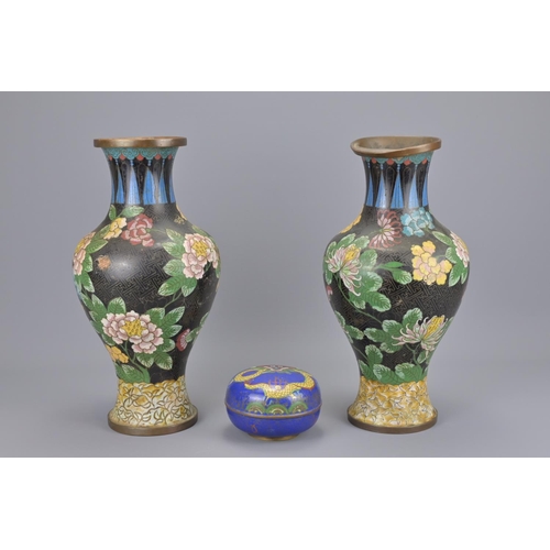 94 - A pair of chinese cloisonne vases together with a cloisonne dragon box with cover. vase approx. heig... 