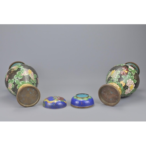 94 - A pair of chinese cloisonne vases together with a cloisonne dragon box with cover. vase approx. heig... 