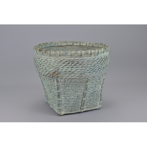 98 - A japanese bronze wicker basket form jardinière. width approx. 25cm