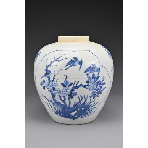 12 - A Chinese blue and white porcelain jar decorated in underglazed blue with birds and flowering trees.... 