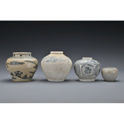 48 - Three Vietnamese 15th-16th Century blue and white pottery jarlets with various decoration together w... 