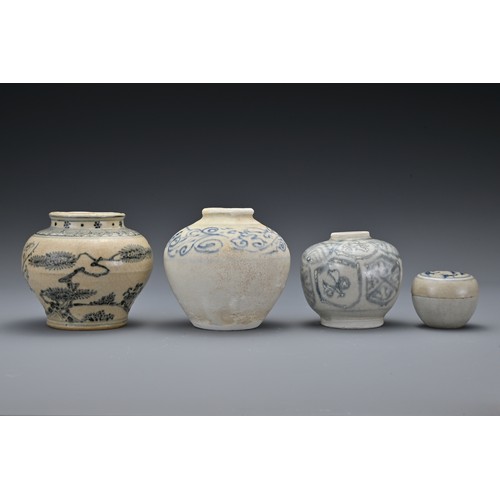 48 - Three Vietnamese 15th-16th Century blue and white pottery jarlets with various decoration together w... 