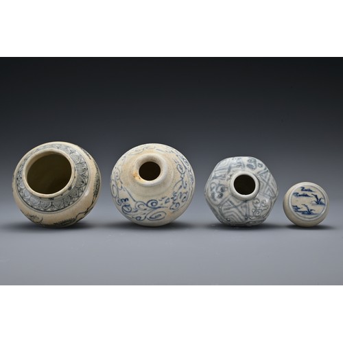 48 - Three Vietnamese 15th-16th Century blue and white pottery jarlets with various decoration together w... 