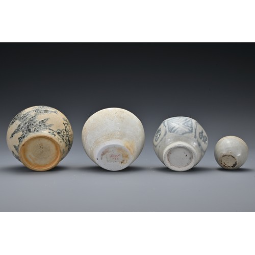 48 - Three Vietnamese 15th-16th Century blue and white pottery jarlets with various decoration together w... 