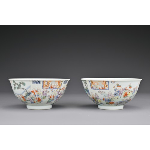 54 - A fine pair of Chinese famille rose porcelain 'One Hundred Boys' bowls decorated with boys in a gard... 