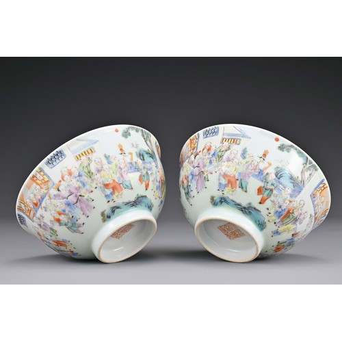 54 - A fine pair of Chinese famille rose porcelain 'One Hundred Boys' bowls decorated with boys in a gard... 