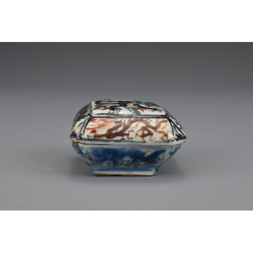 30 - A small Chinese 17/18th Century underglaze-blue and iron-red porcelain box and cover. The square for... 