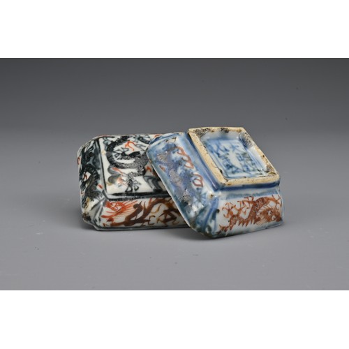 30 - A small Chinese 17/18th Century underglaze-blue and iron-red porcelain box and cover. The square for... 